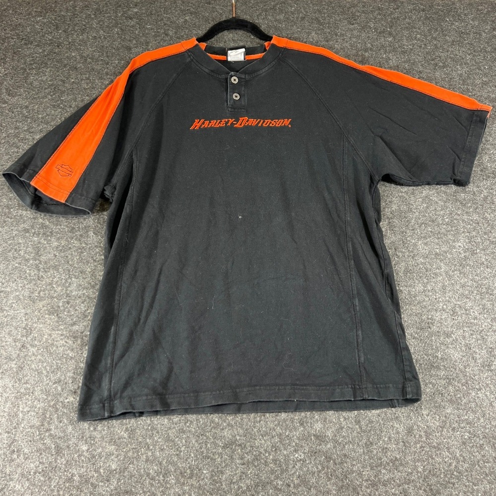 Vintage 90s Harley Davidson Henley Shirt Mens Large Black Orange Racing Stripe